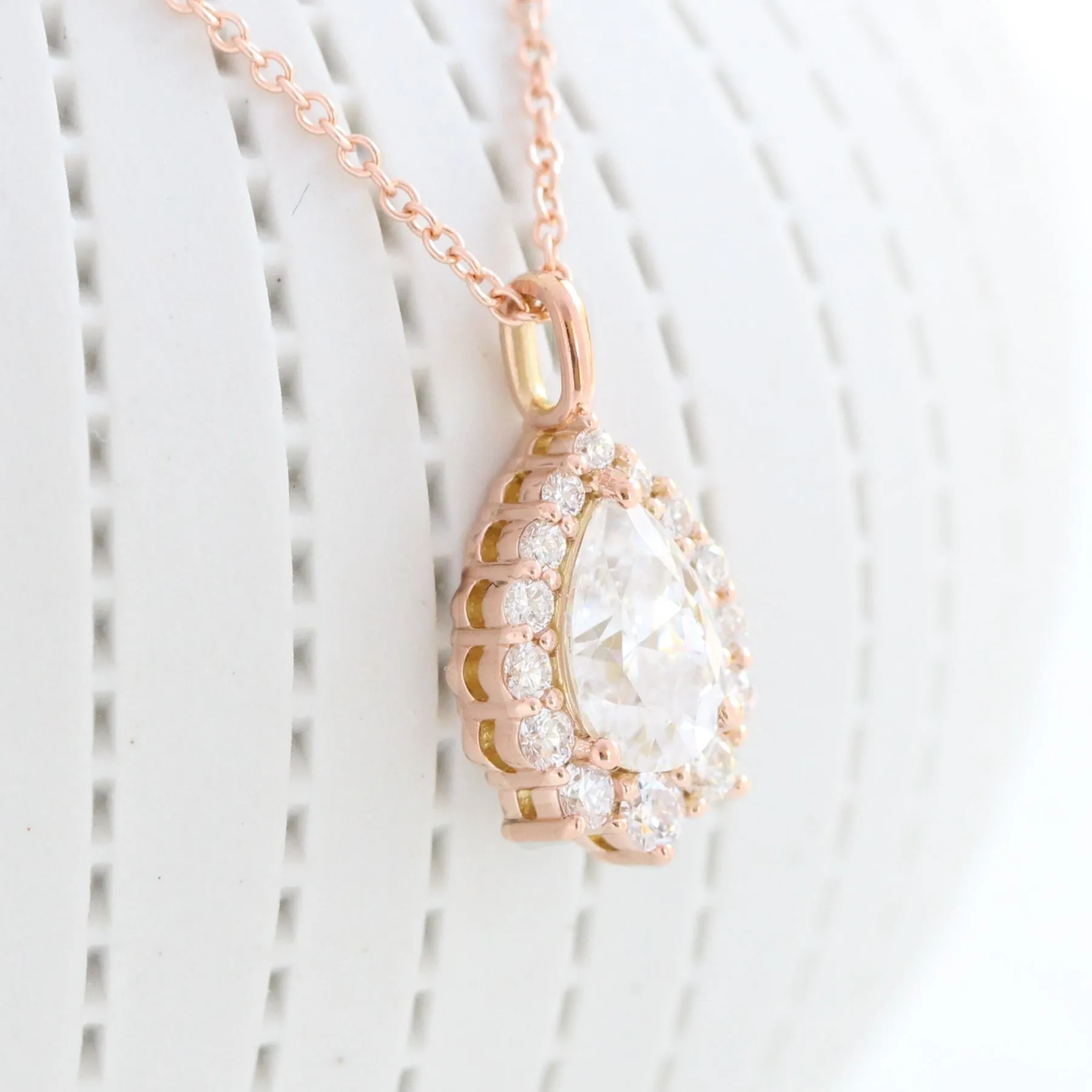 Pear Moissanite Diamond Necklace in 14k Gold Tiara Halo Pendant