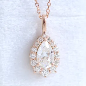 Pear Moissanite Diamond Necklace in 14k Gold Tiara Halo Pendant