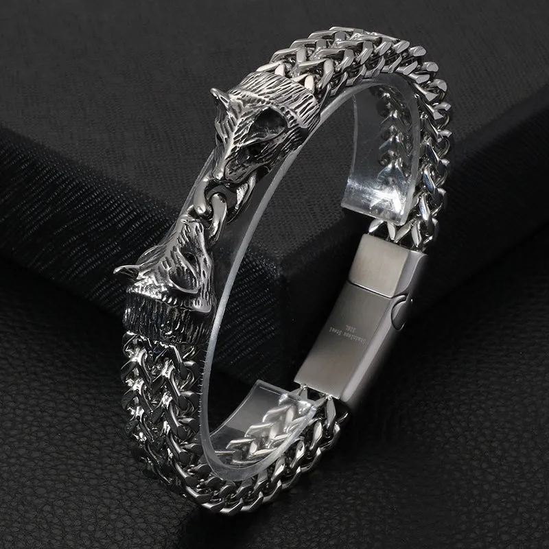 Personalized Titanium Steel Bracelet with Square Fish Scale and Wolf Head Design for Men