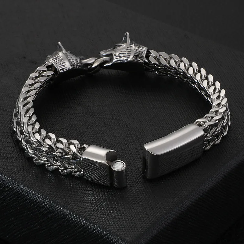 Personalized Titanium Steel Bracelet with Square Fish Scale and Wolf Head Design for Men