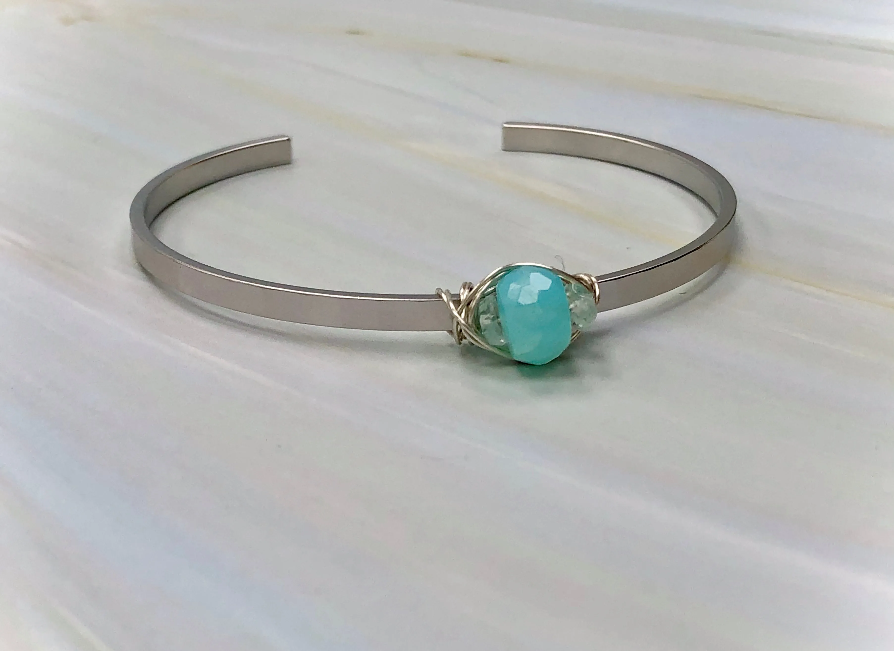 Peruvian Blue Opal gemstone cuff bracelet Matte White Gold and White Topaz