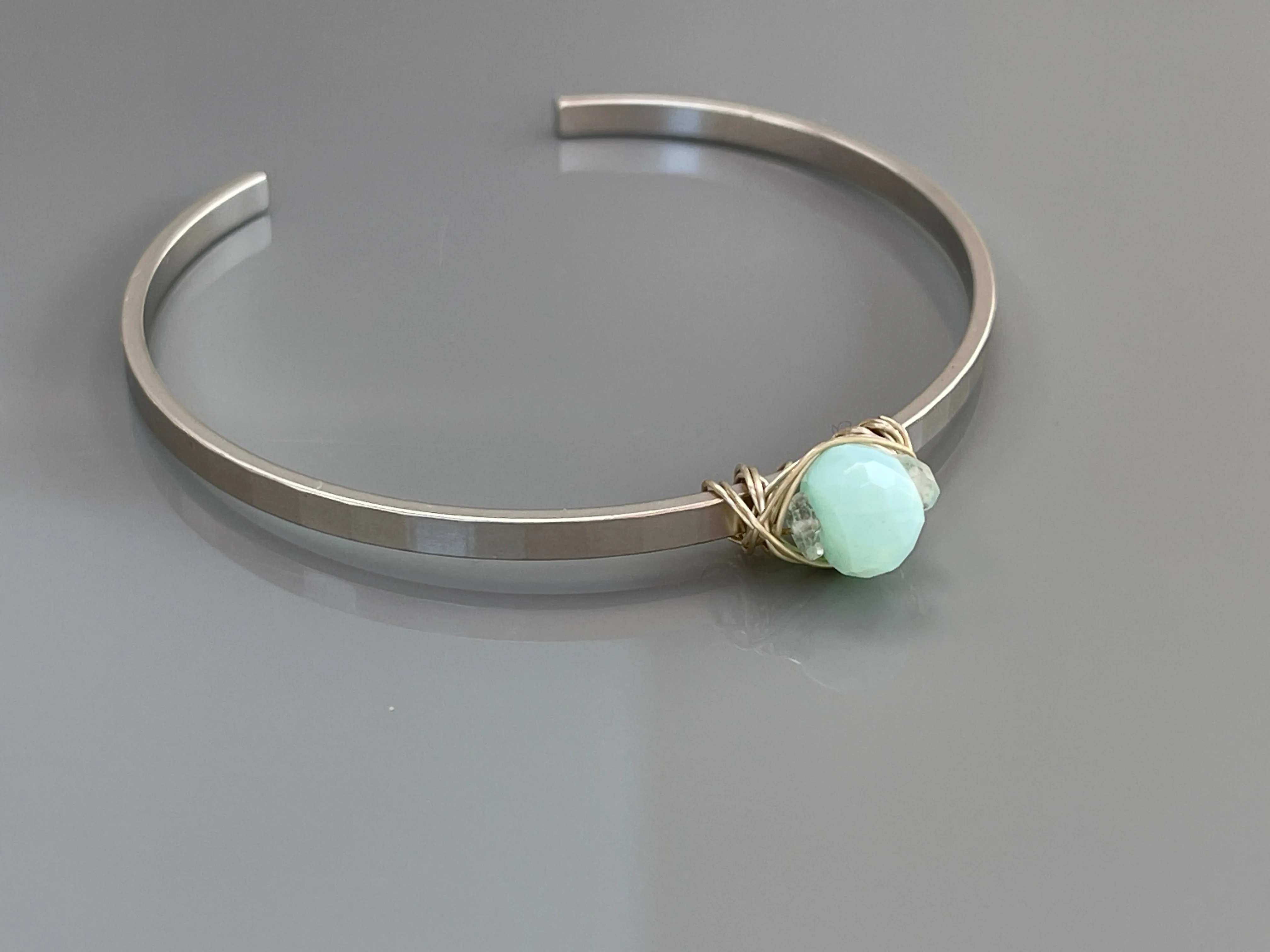 Peruvian Blue Opal gemstone cuff bracelet Matte White Gold and White Topaz