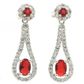 Petite Created Red Ruby Halo Micro Pave Dangle Earrings