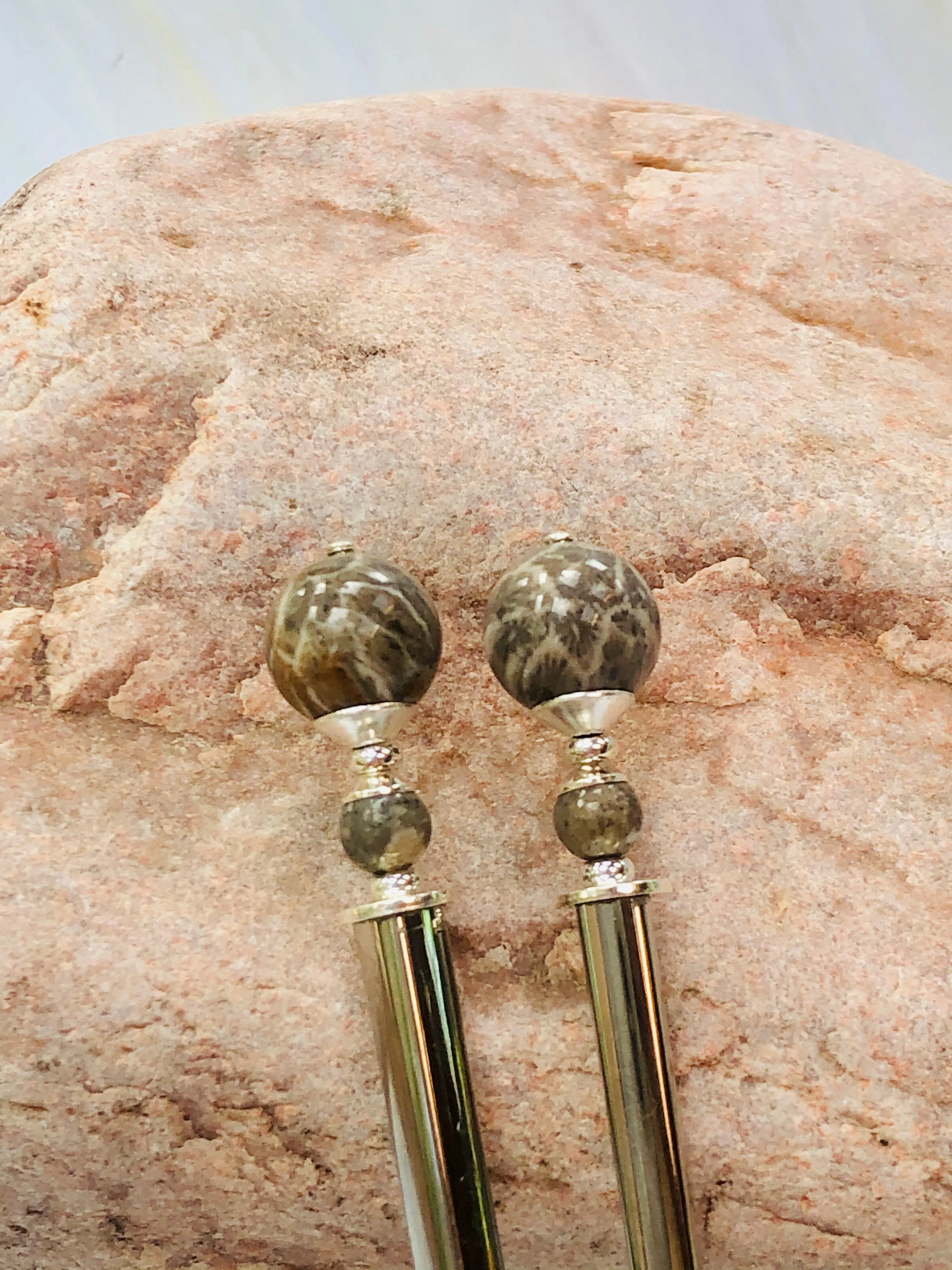 Petoskey Stone Gemstone Hair Sticks, Hair Pins, hairsticks, shawl pins, sweater pins