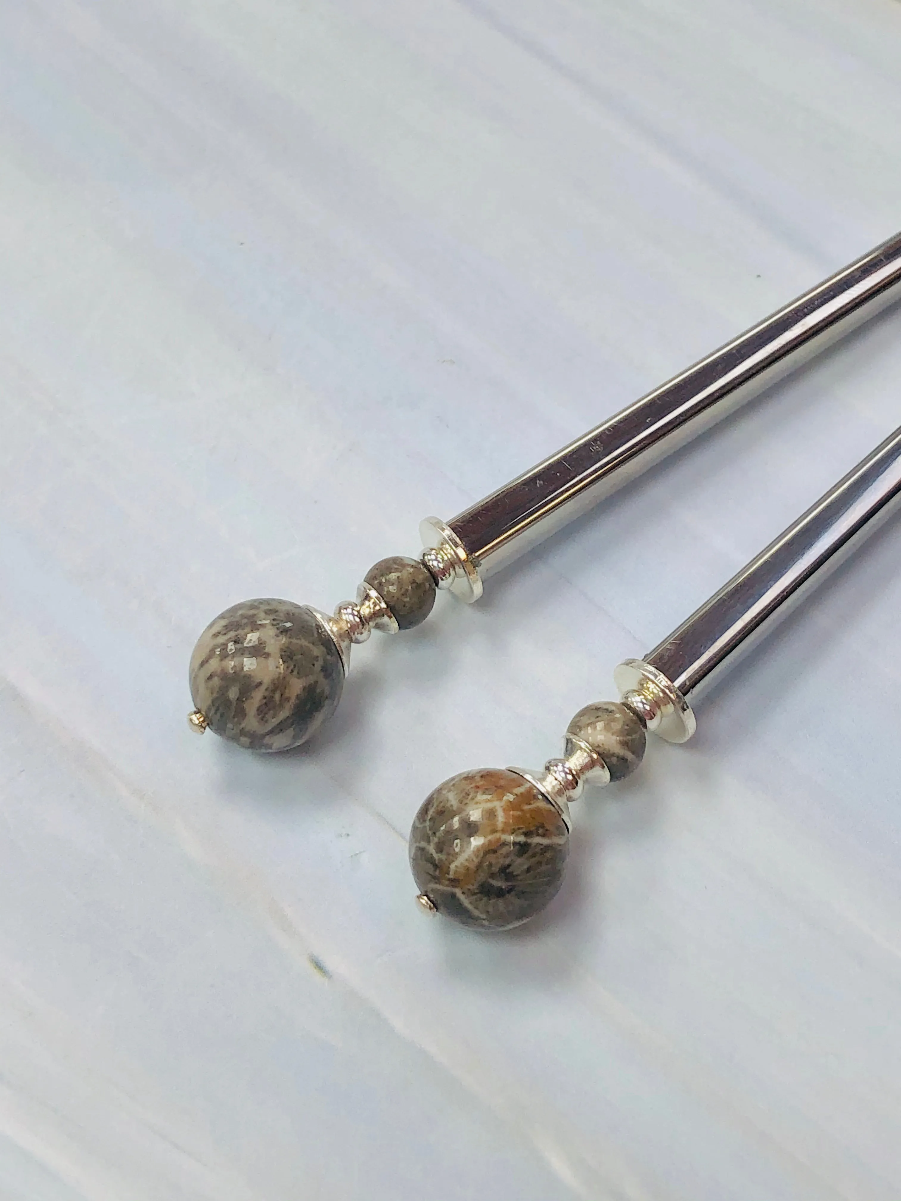 Petoskey Stone Gemstone Hair Sticks, Hair Pins, hairsticks, shawl pins, sweater pins