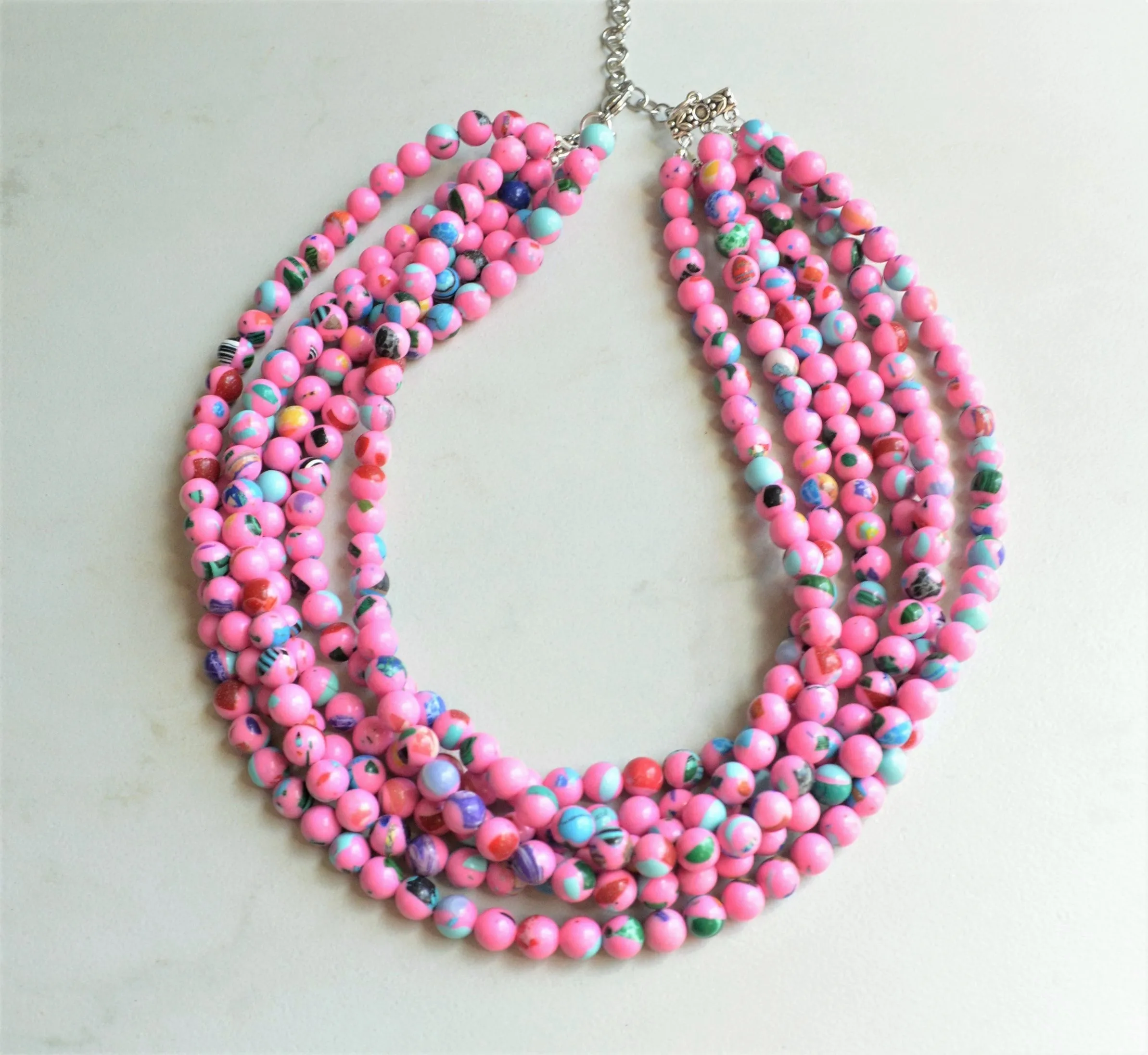 Pink Colorful Chunky Bead Multi Color Statement Necklace - Michelle