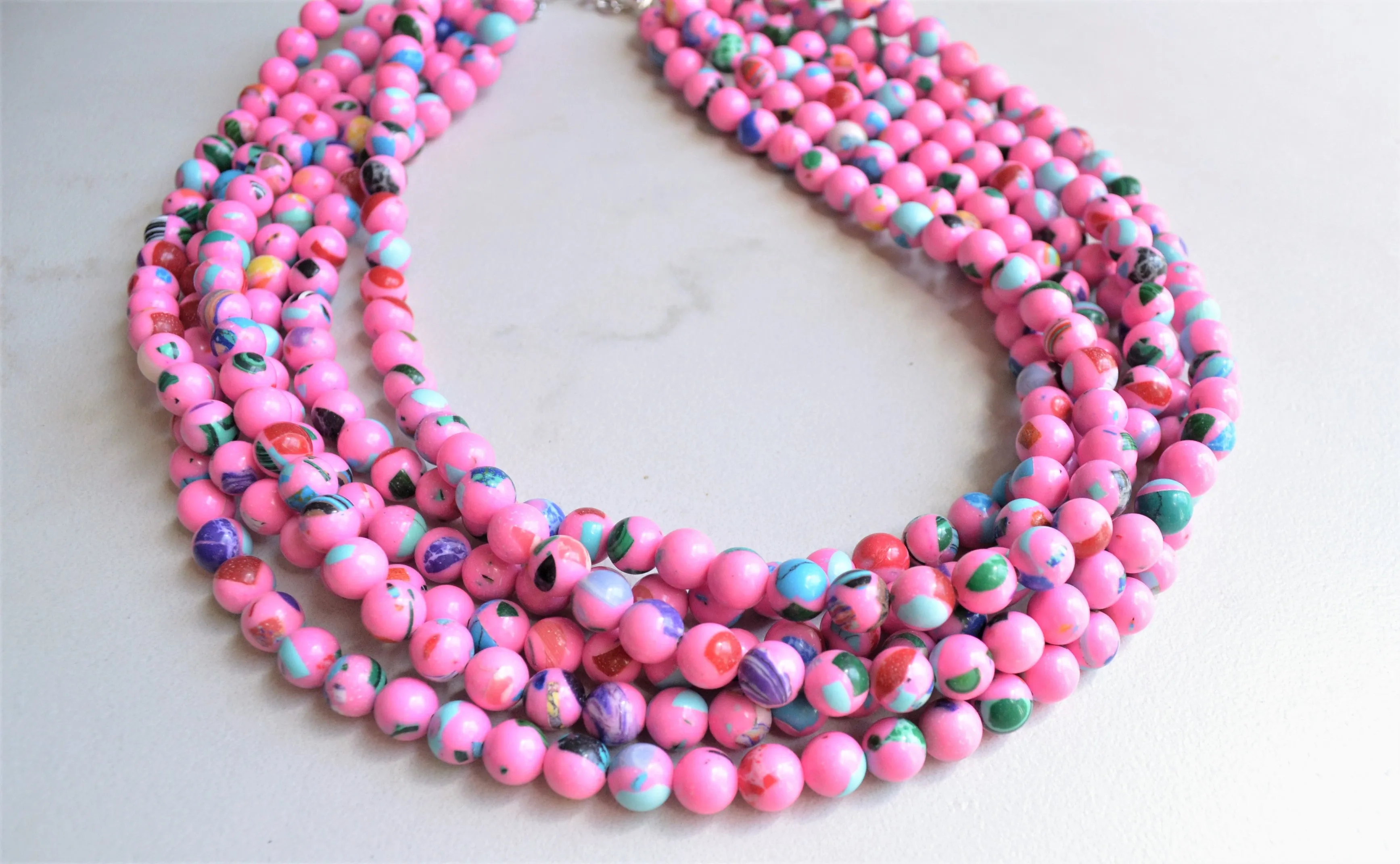 Pink Colorful Chunky Bead Multi Color Statement Necklace - Michelle