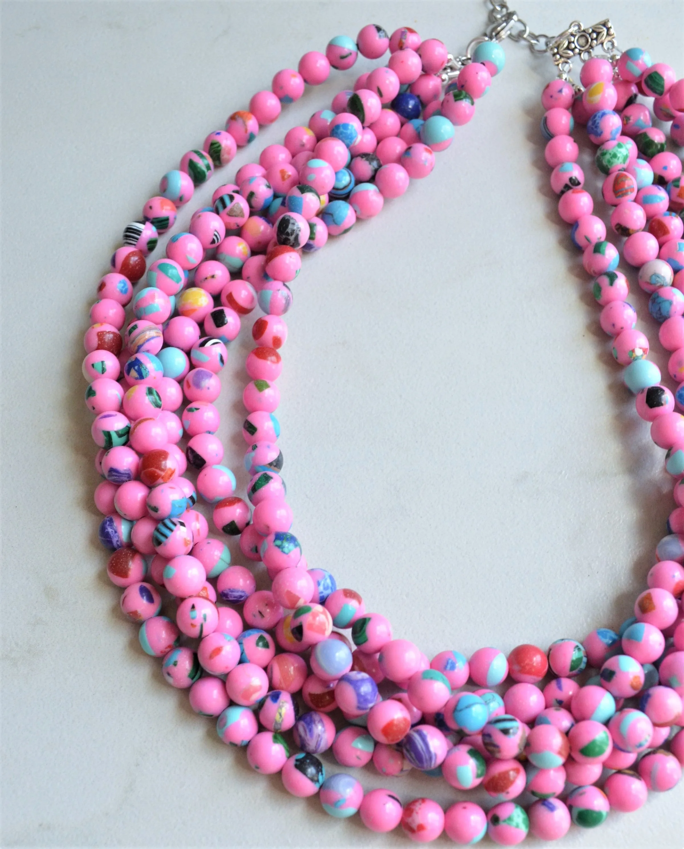 Pink Colorful Chunky Bead Multi Color Statement Necklace - Michelle