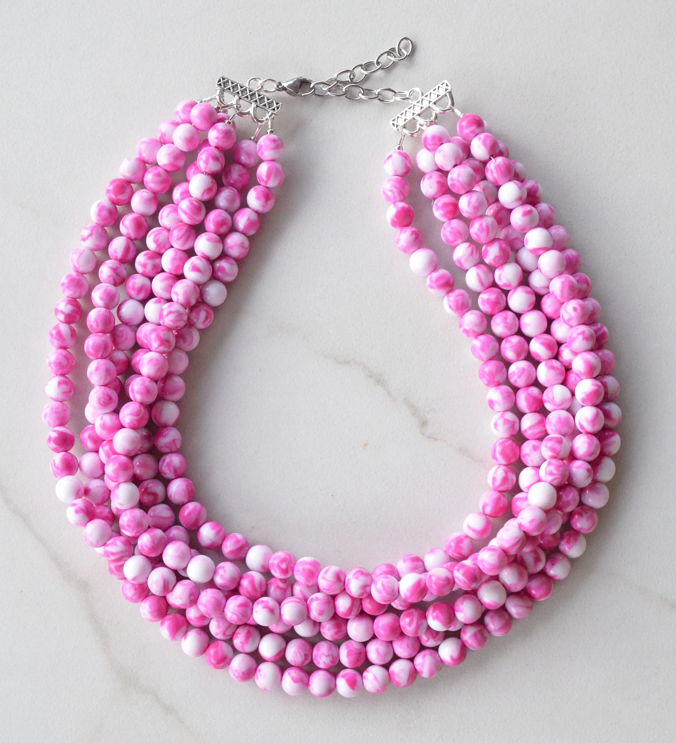 Pink White Acrylic Lucite Bead Chunky Statement Necklace - Alana