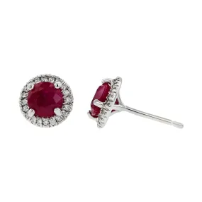 Platinum Ruby and Diamond Halo Earrings