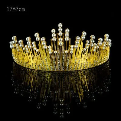 Premium Large Metal Tiara with Pearl and Diamond Cake Decoration - Gold