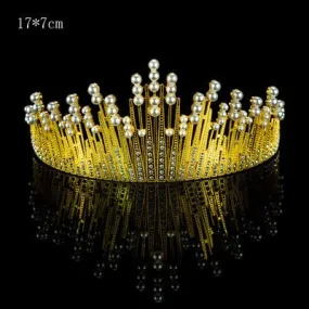 Premium Large Metal Tiara with Pearl and Diamond Cake Decoration - Gold