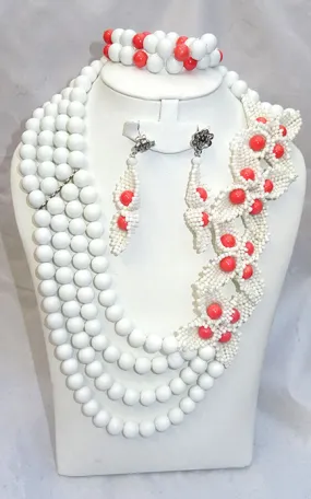 PrestigeApplause White & Red African Beads Bridal Wedding Party Jewelry Set