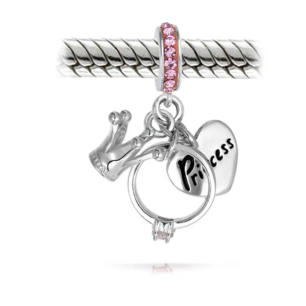 Princess Heart Crown Ring Pink Crystal Dangle Charm Bead for European Bracelet