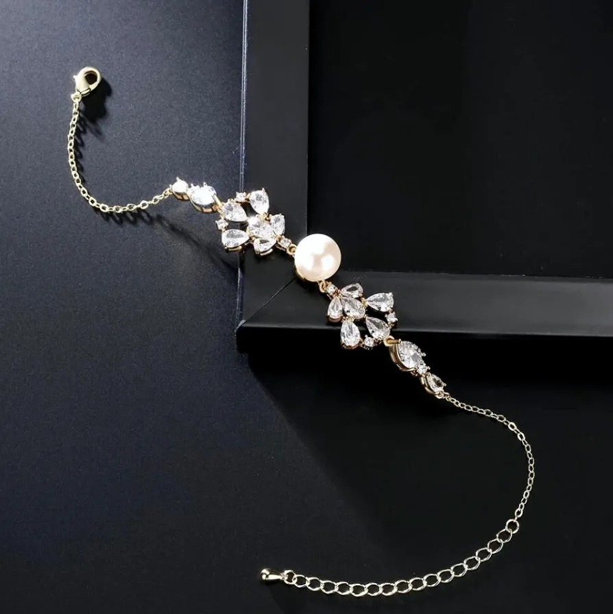 "Evanna" - Pearl and Cubic Zirconia Bridal Bracelet - Available in Silver, Rose Gold and Yellow Gold