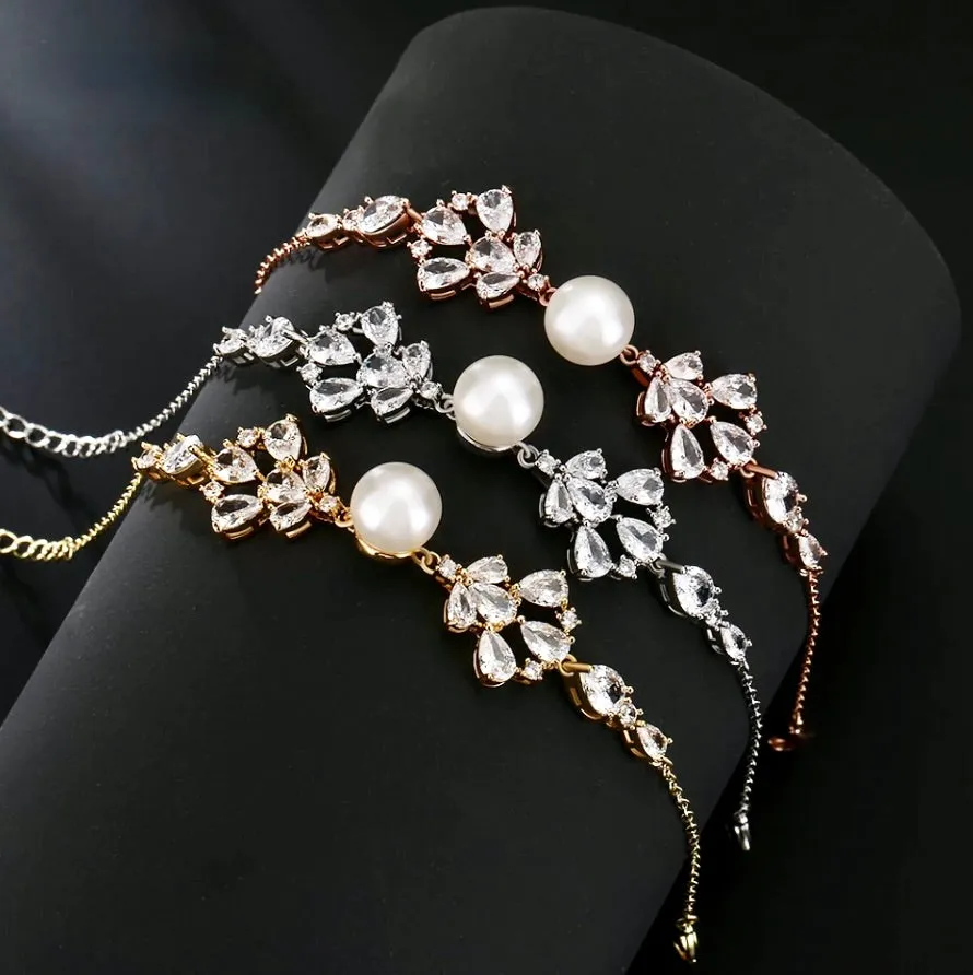 "Evanna" - Pearl and Cubic Zirconia Bridal Bracelet - Available in Silver, Rose Gold and Yellow Gold