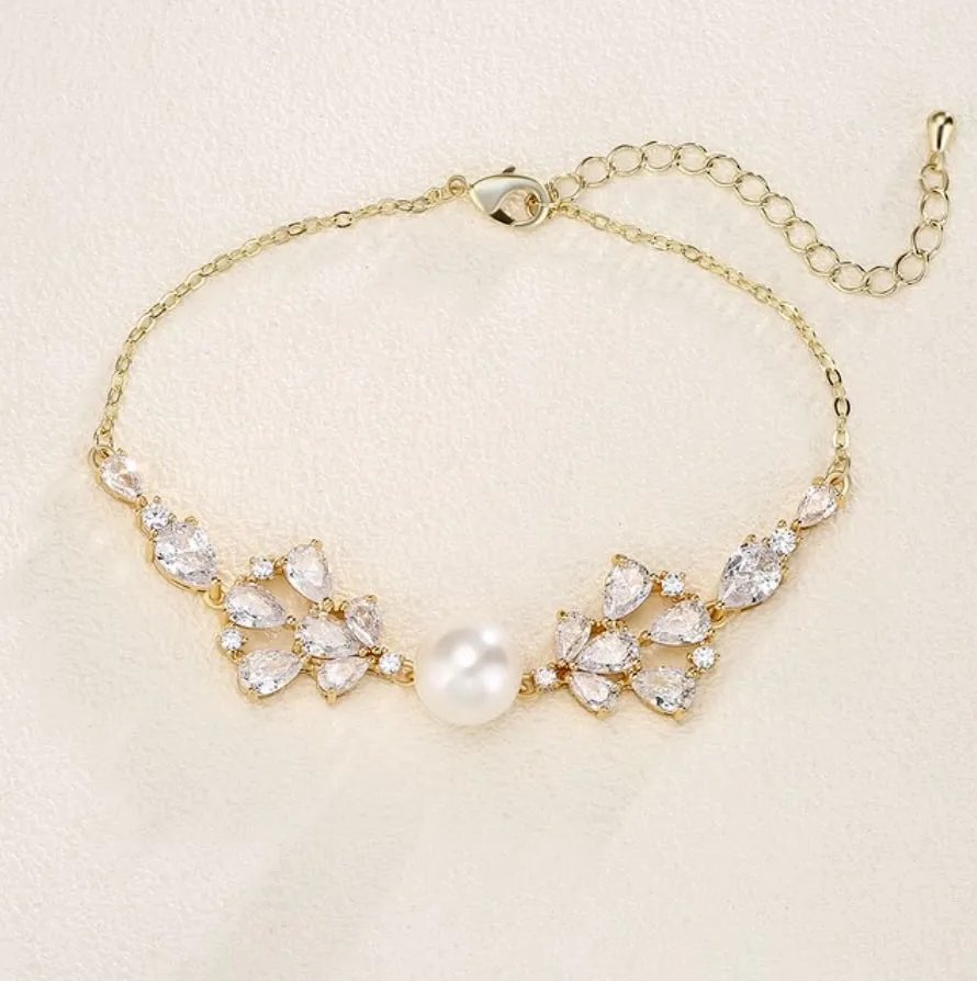 "Evanna" - Pearl and Cubic Zirconia Bridal Bracelet - Available in Silver, Rose Gold and Yellow Gold