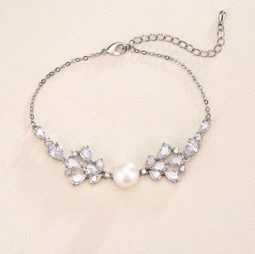 "Evanna" - Pearl and Cubic Zirconia Bridal Bracelet - Available in Silver, Rose Gold and Yellow Gold