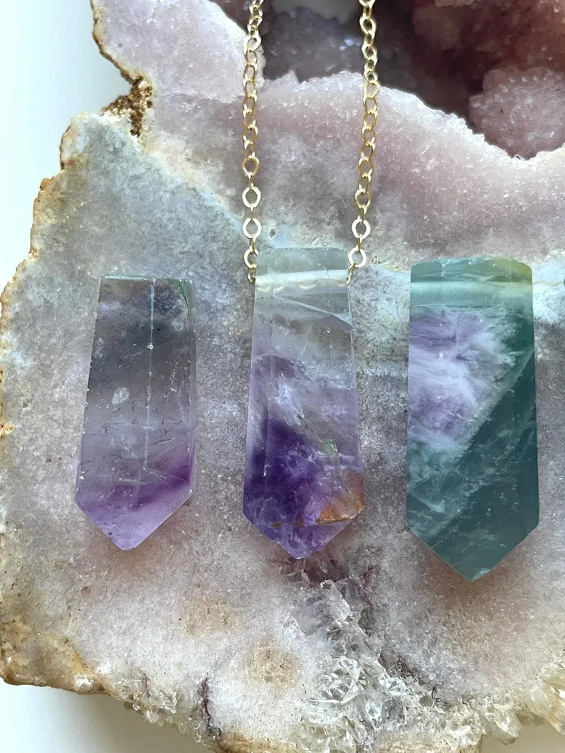 Raw Fluorite Crystal Point Necklace - Healing Gemstone Pendant Jewelry - Silver or Gold Filled