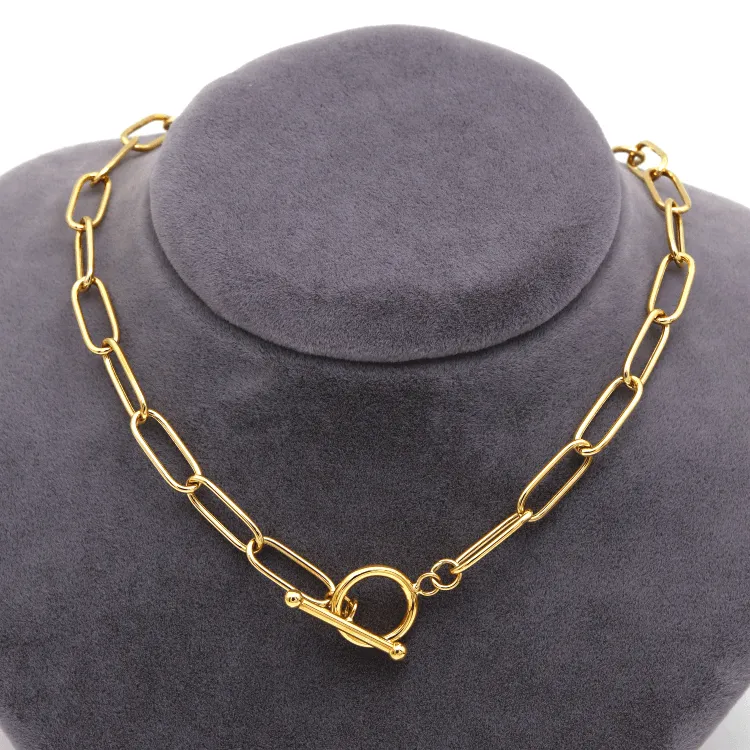 Real Gold Round Lily T-bar Bigger Paper Clip Necklace 2531 N1415