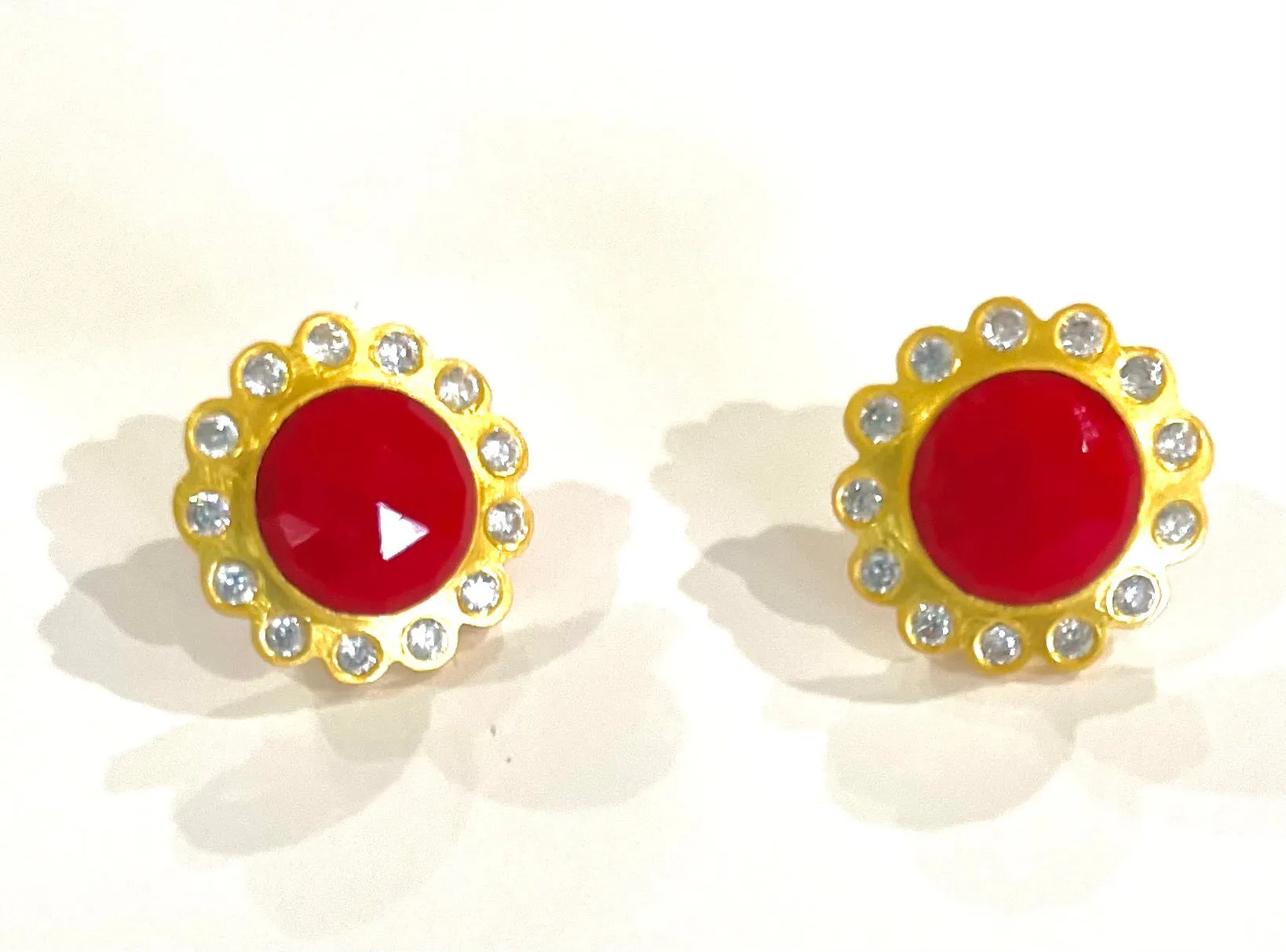 Red Coral Gemstone Gold Stud Earrings