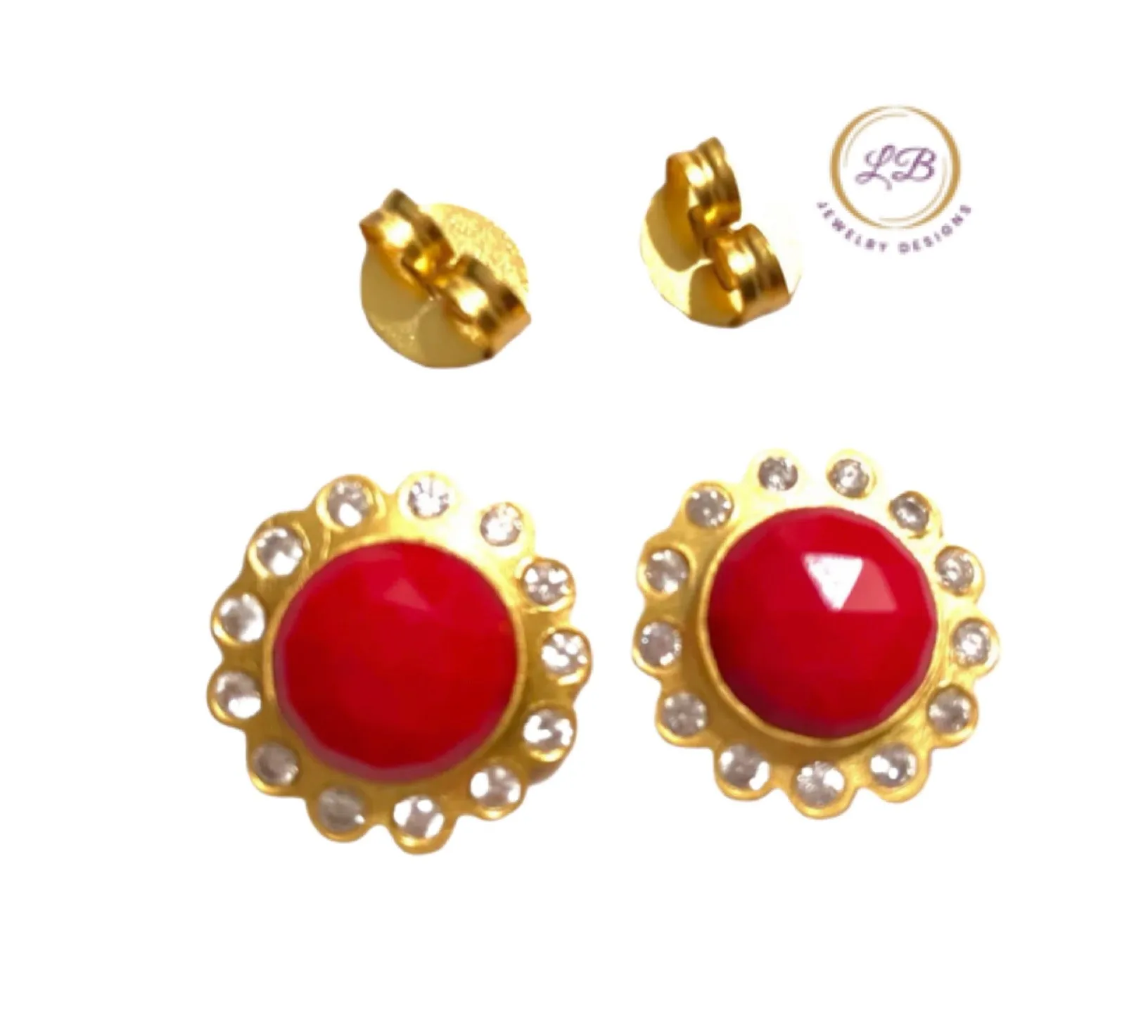 Red Coral Gemstone Gold Stud Earrings