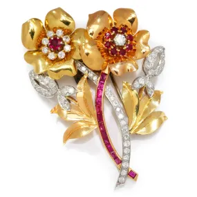 Retro Double Rose Brooch with Rubies and Diamonds in Platinum/Gold