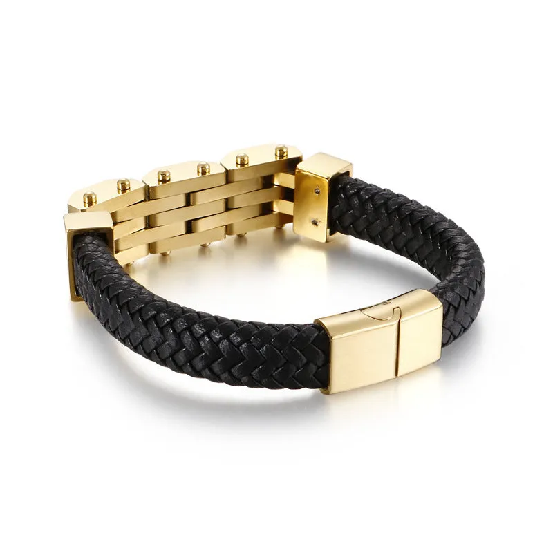 Retro Gold Woven Leather and Titanium Steel Bracelet for Men - Trendy Personalized Stainless Steel Jewelry