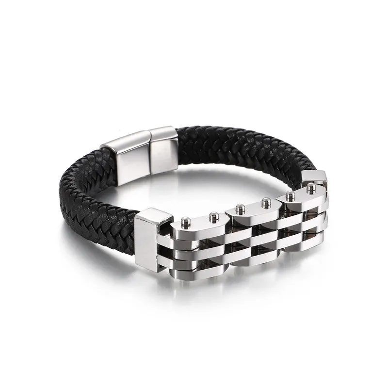 Retro Gold Woven Leather and Titanium Steel Bracelet for Men - Trendy Personalized Stainless Steel Jewelry