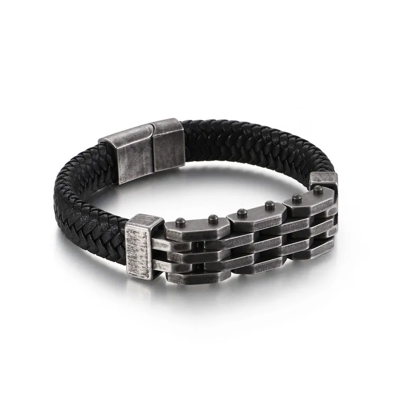 Retro Gold Woven Leather and Titanium Steel Bracelet for Men - Trendy Personalized Stainless Steel Jewelry