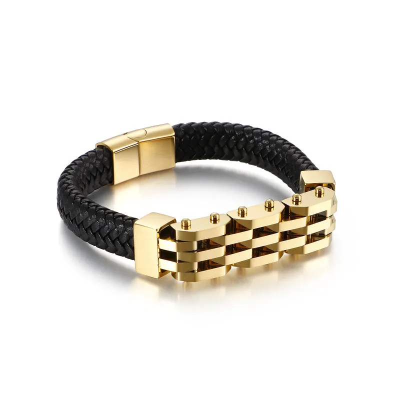 Retro Gold Woven Leather and Titanium Steel Bracelet for Men - Trendy Personalized Stainless Steel Jewelry