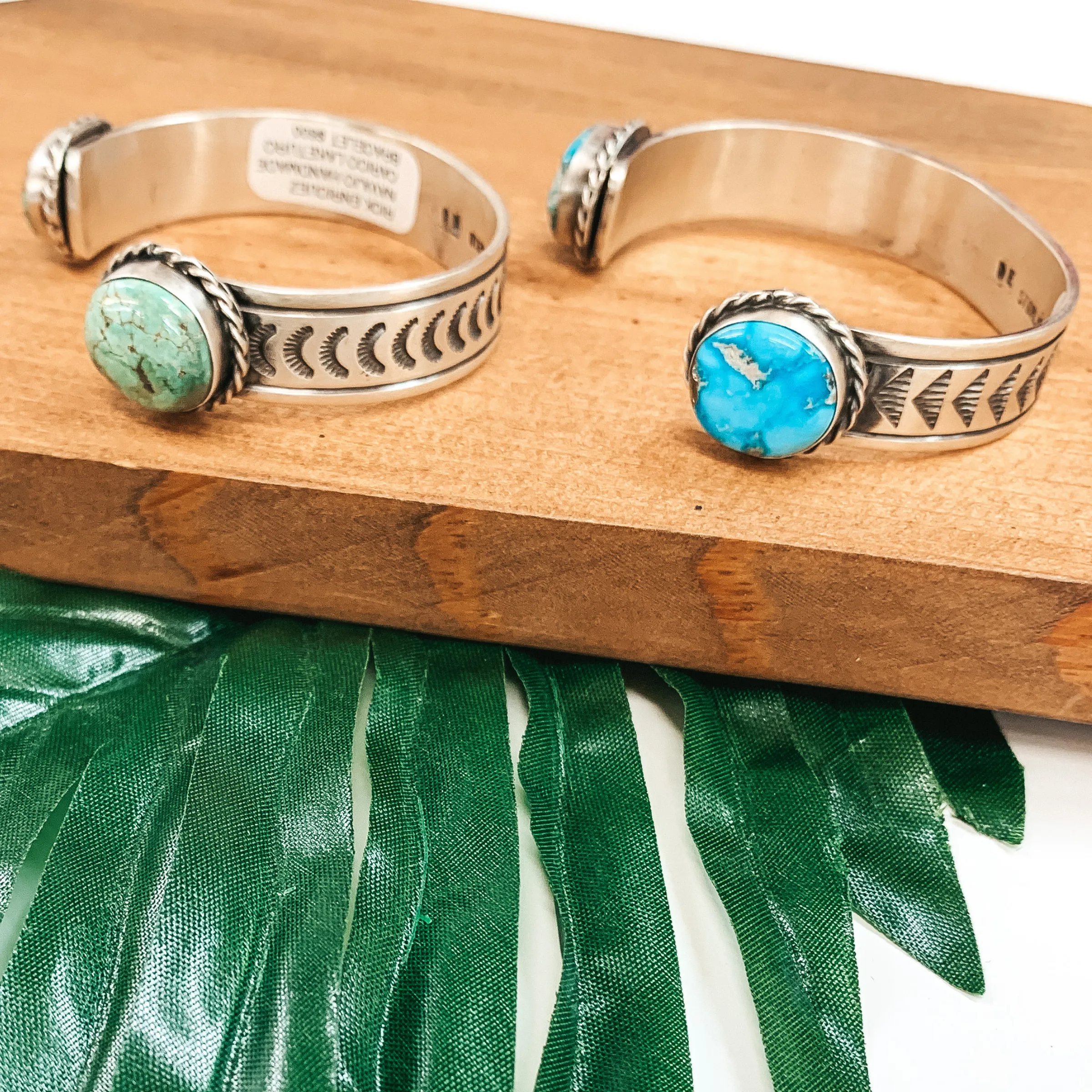 Rick Enricuez | Navajo Handmade Detailed Sterling Silver Cuff with Kingman Turquoise Endings