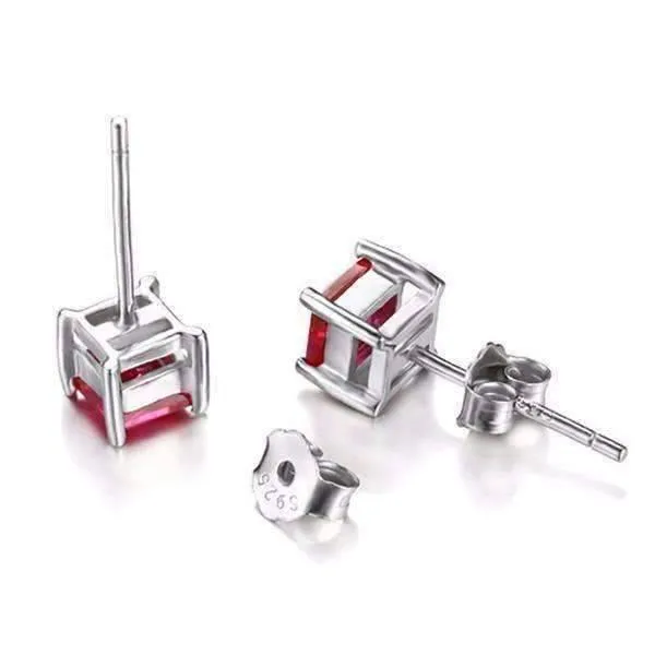 Royal Red Princess Cut 0.8 CT Simulated Ruby Stud Earrings