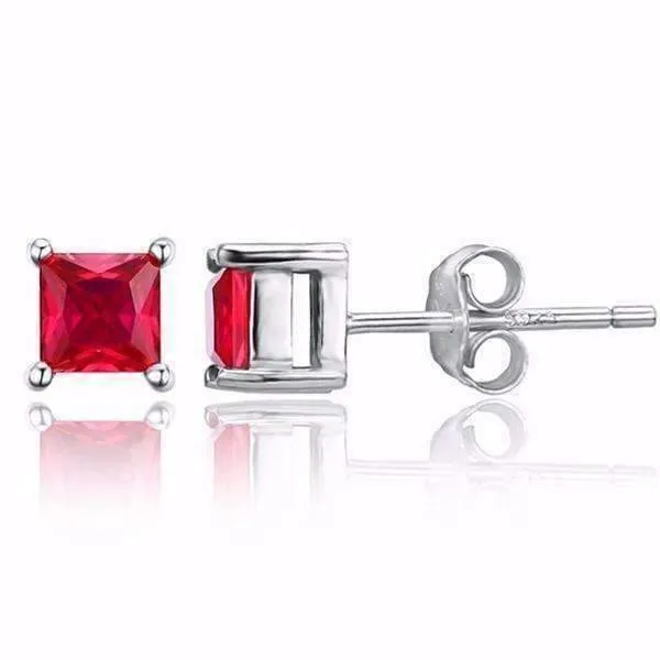 Royal Red Princess Cut 0.8 CT Simulated Ruby Stud Earrings