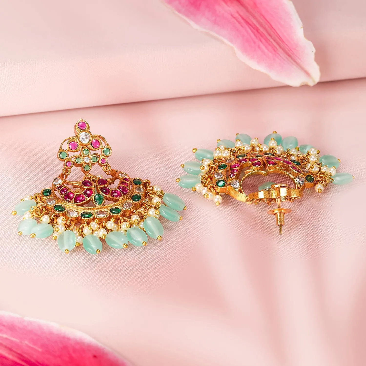 Rubans 22K Gold-Plated Ruby & Emerald Stone Studded Mint Green Beaded Chandbali Earrings