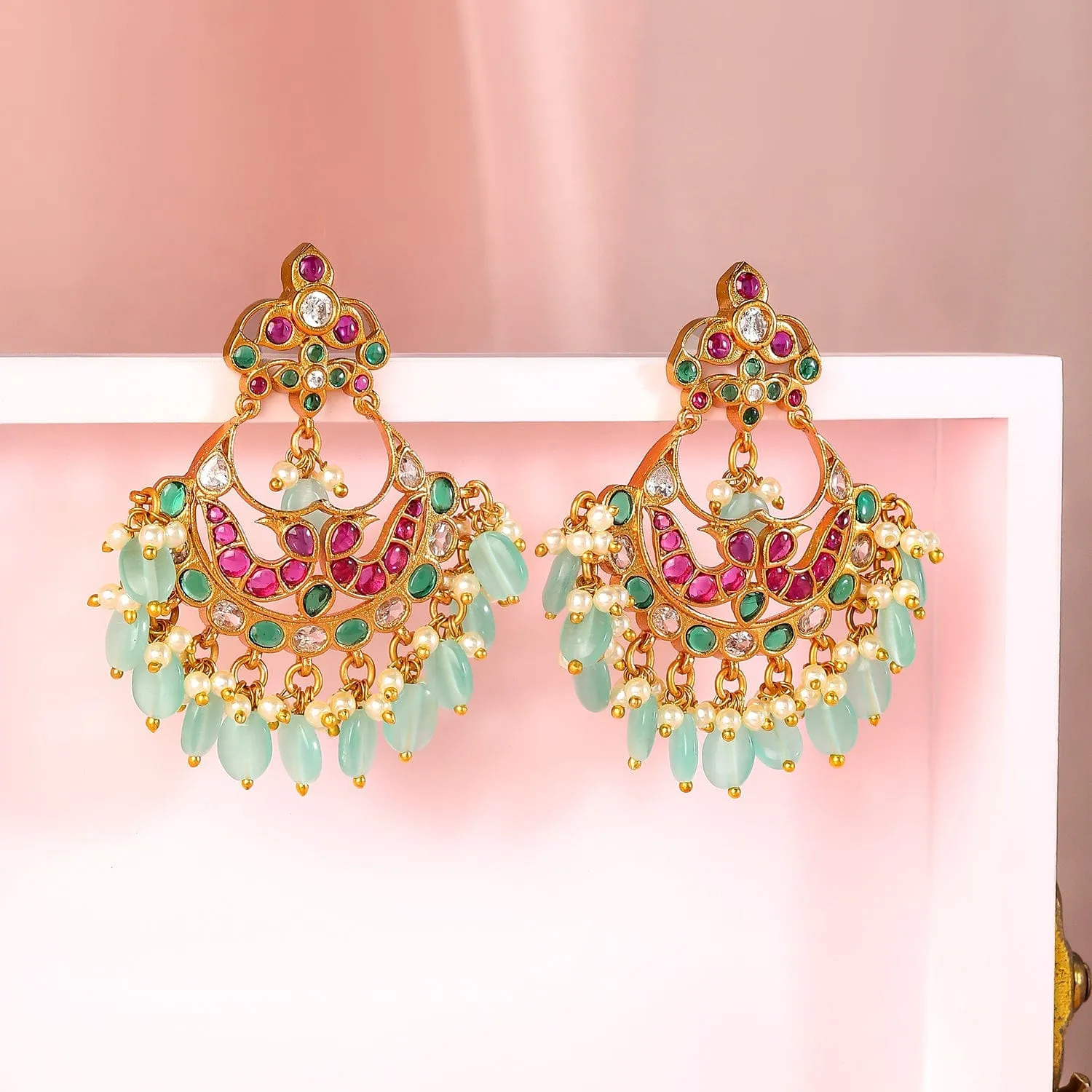 Rubans 22K Gold-Plated Ruby & Emerald Stone Studded Mint Green Beaded Chandbali Earrings