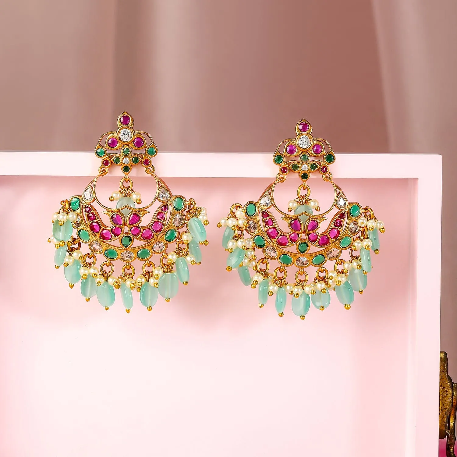 Rubans 22K Gold-Plated Ruby & Emerald Stone Studded Mint Green Beaded Chandbali Earrings