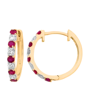 Ruby Earrings - 10ct Yellow Gold Ruby & Diamond Hoop Earrings - 786276