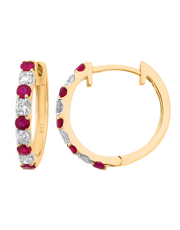 Ruby Earrings - 10ct Yellow Gold Ruby & Diamond Hoop Earrings - 786276