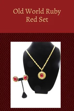 Ruby Red Old World Vintage Cabochon Necklace and Earrings