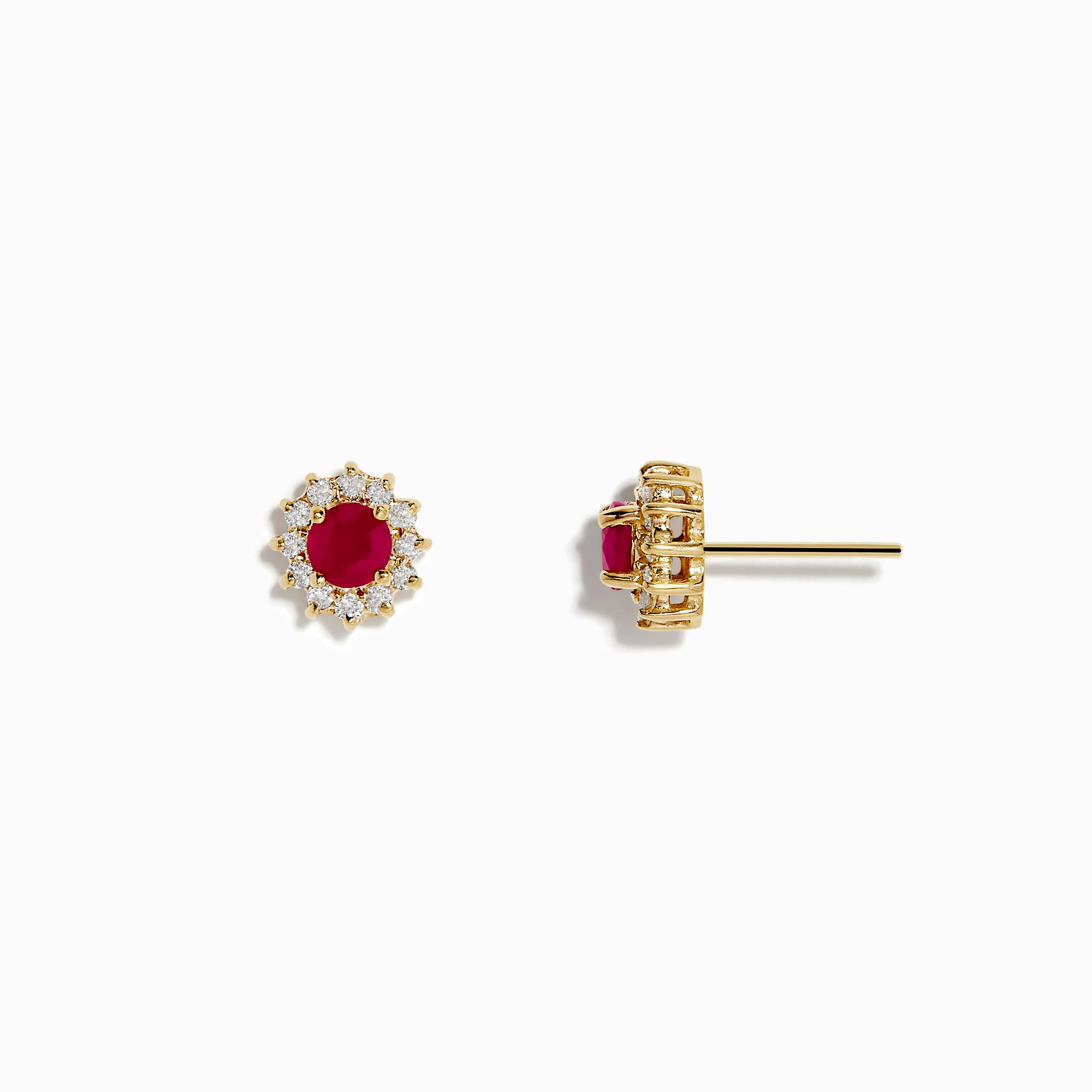 Ruby Royal 14K Yellow Gold Round Diamond Halo Ruby Stud Earrings, 0.89 TCW