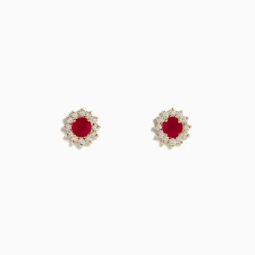 Ruby Royal 14K Yellow Gold Round Diamond Halo Ruby Stud Earrings, 0.89 TCW