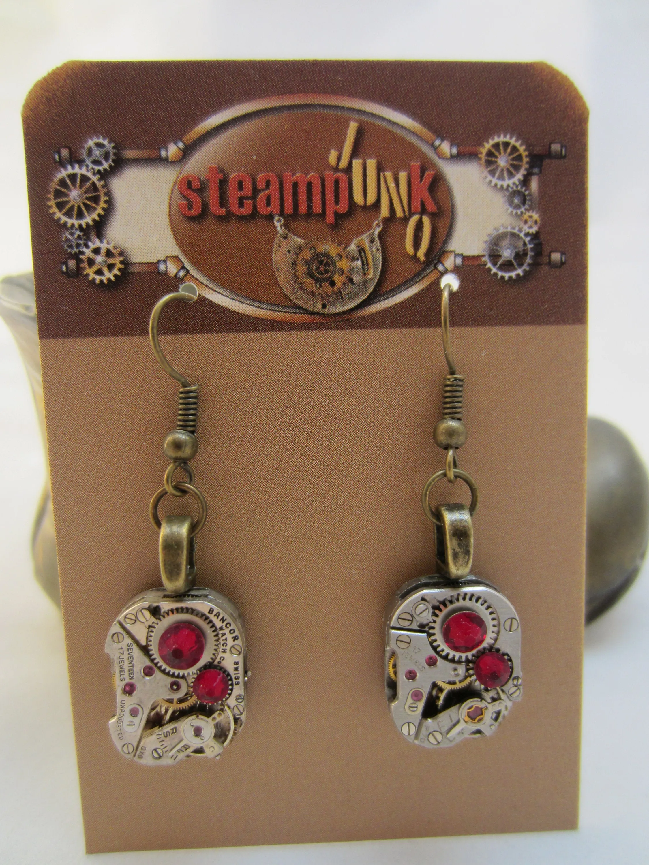 Ruby  - Steampunk Earrings - Unique - One of a kind - Great for stocking stuffer or birthday gift