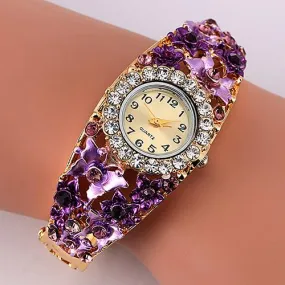 Sandwood Women Flower Butterfly Dress Watch Round Dial Rhinestone Bracelet Wristwatch fashion casual  new