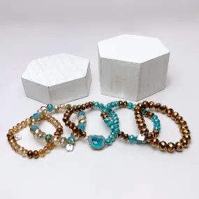 Set of Five | All Nighter Crystal Beaded Bracelet Set in Turquoise Blue and Gold Tones