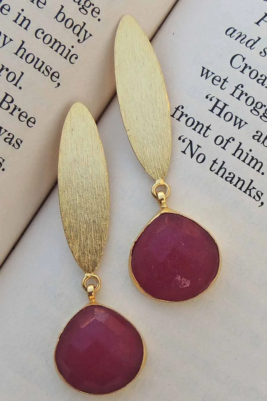 Shinned Gold-Plated Ruby Stone Dangler Earrings