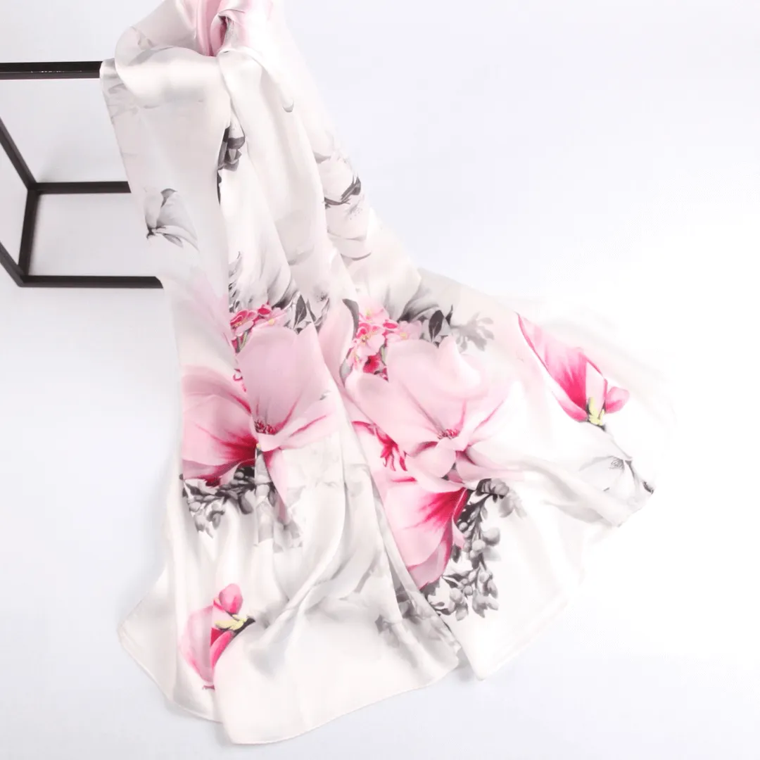 Silk Scarf Collections|Blossom Range|Magnolia Design|White|Long Silk Scarf