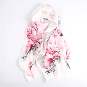 Silk Scarf Collections|Blossom Range|Magnolia Design|White|Long Silk Scarf