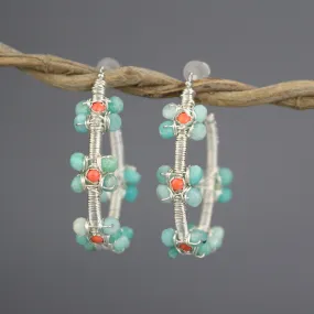 Silver Amazonite Coral Flower Hoops