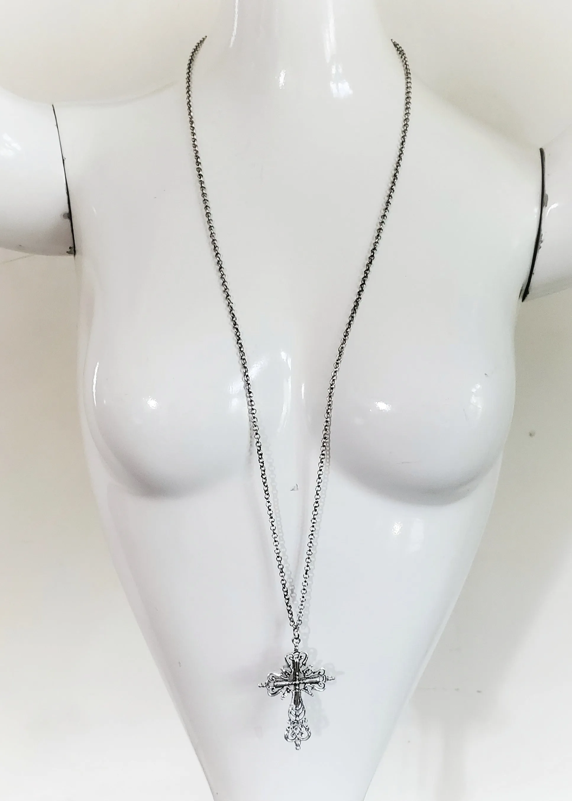 Silver Gothic Cross Necklace Fantasy Jewelry